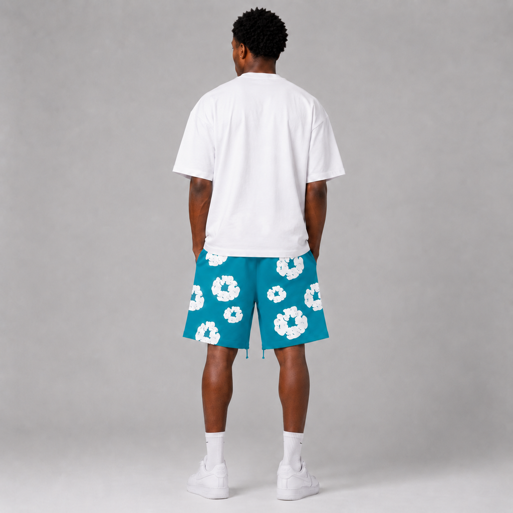 Teal White Puff Floral mesh shorts - back view