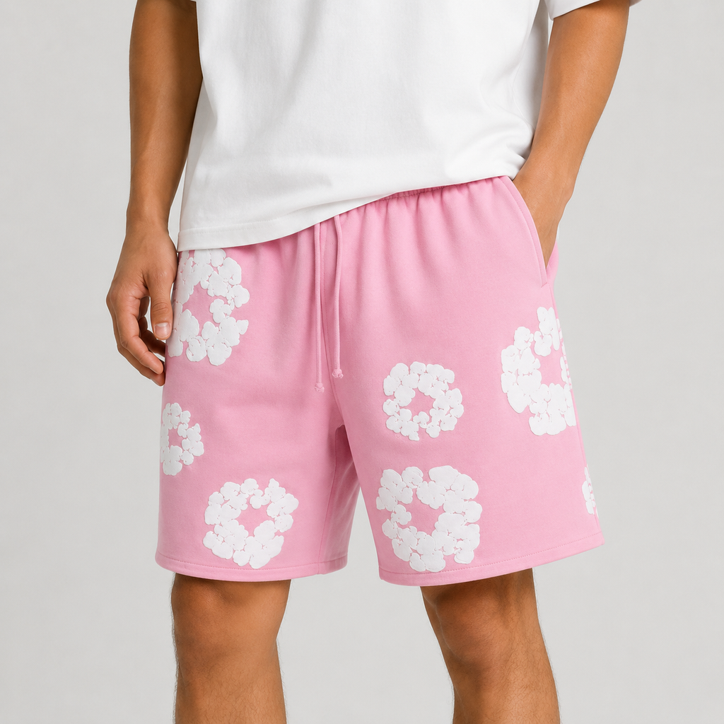Pink White Puff Floral men's mesh shorts - close-up view