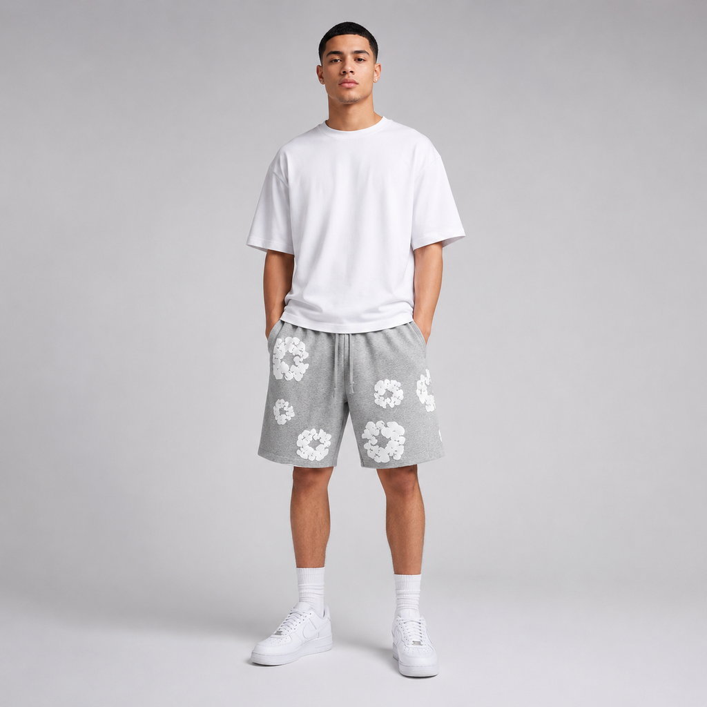 Heather Grey White Puff Floral men's mesh shorts - front view