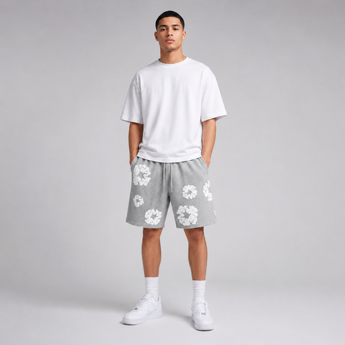 Heather Grey White Puff Floral men's mesh shorts - front view