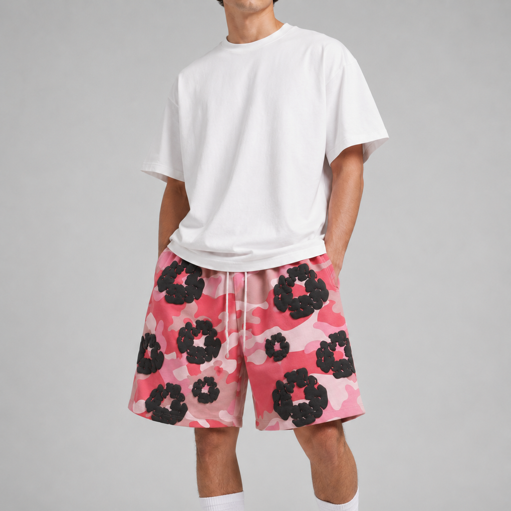 Pink Camo Black Floral mesh shorts - close-up view