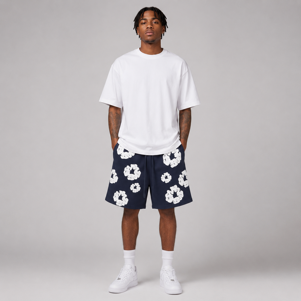 Navy White Puff Floral mesh shorts - front view