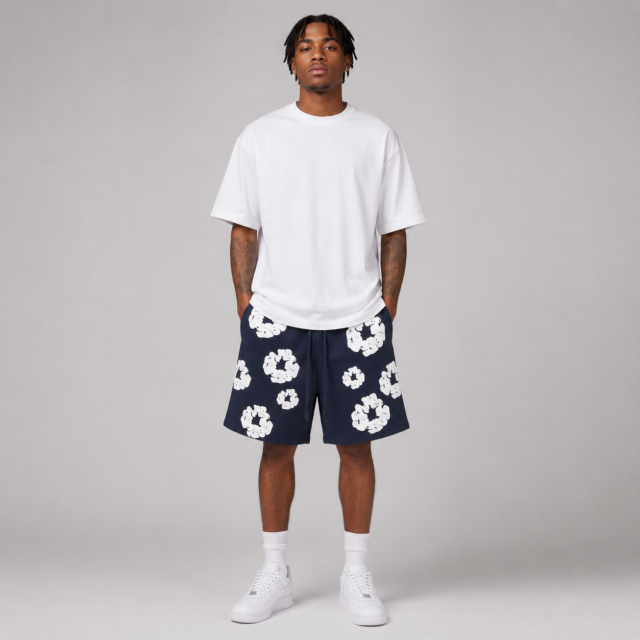 Navy White Puff Floral mesh shorts - front view