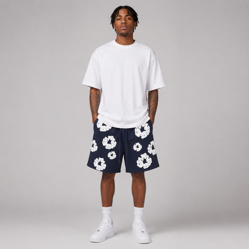 Navy White Puff Floral mesh shorts - front view