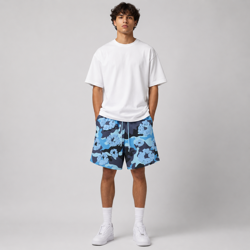 Blue Camo Black Floral mesh shorts - front view
