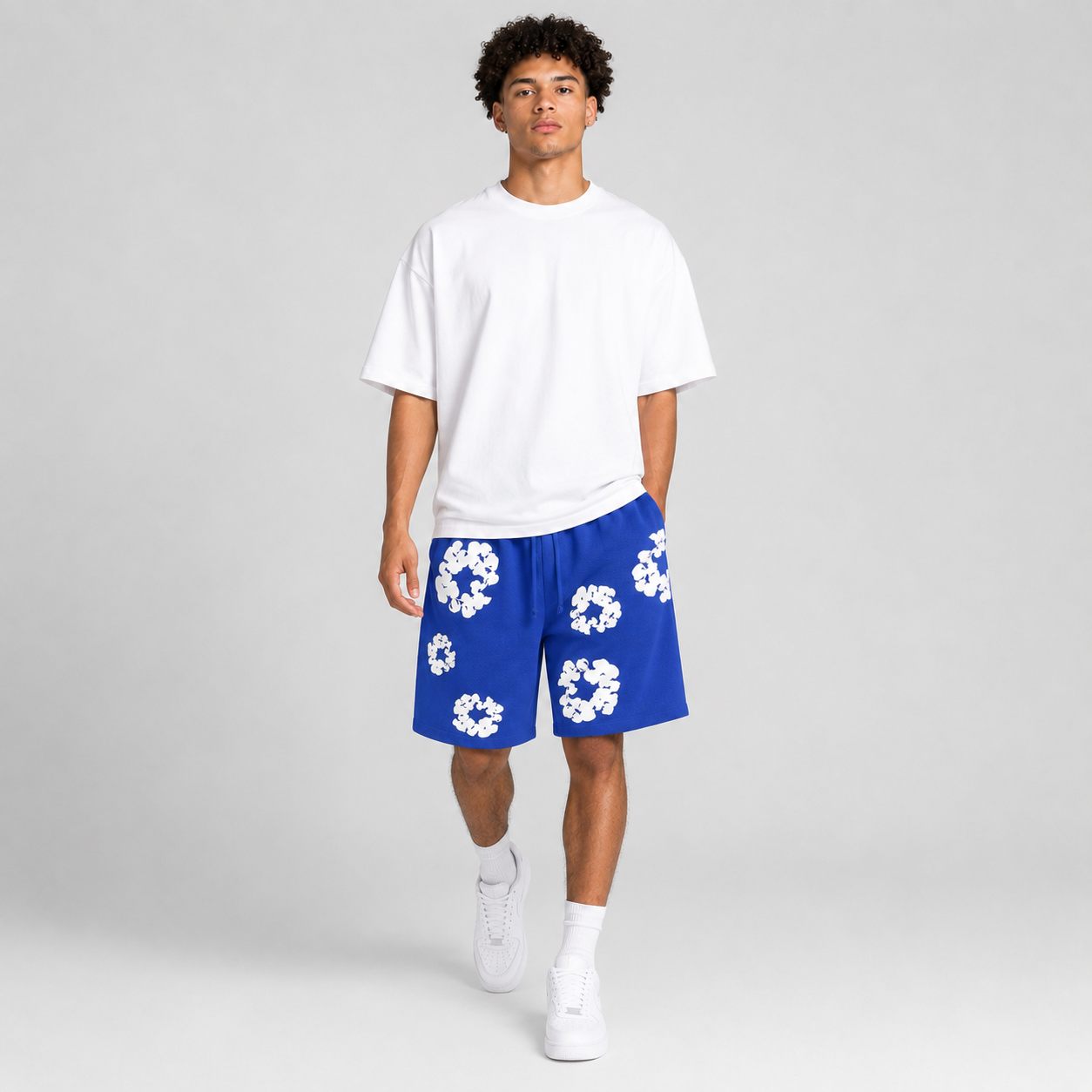 Sky Blue White Floral mesh shorts - walking view