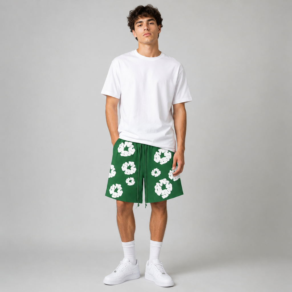 Forest Green White Floral mesh shorts - front view