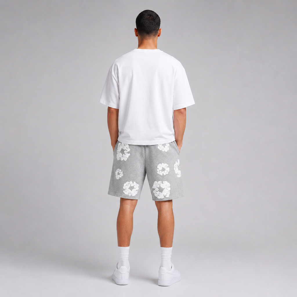Heather Grey White Puff Floral men's mesh shorts - back view