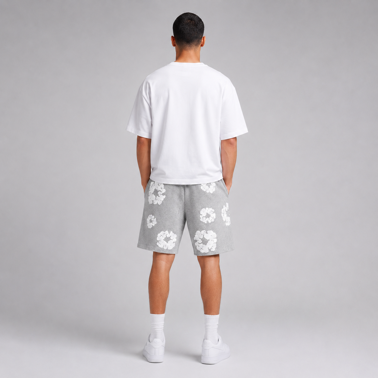 Heather Grey White Puff Floral men's mesh shorts - back view