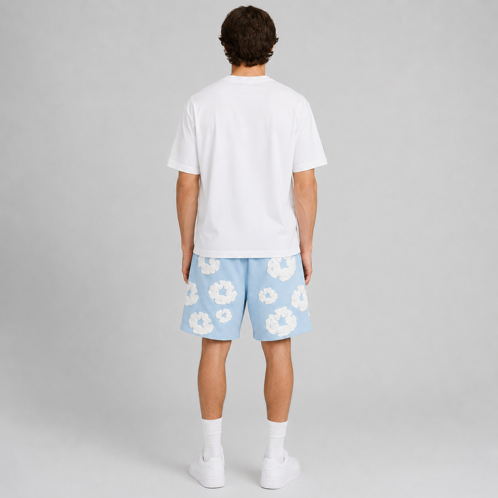 Royal Blue White Puff Floral mesh shorts - back view