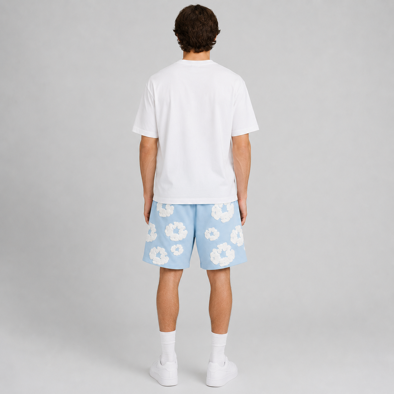 Royal Blue White Puff Floral mesh shorts - back view