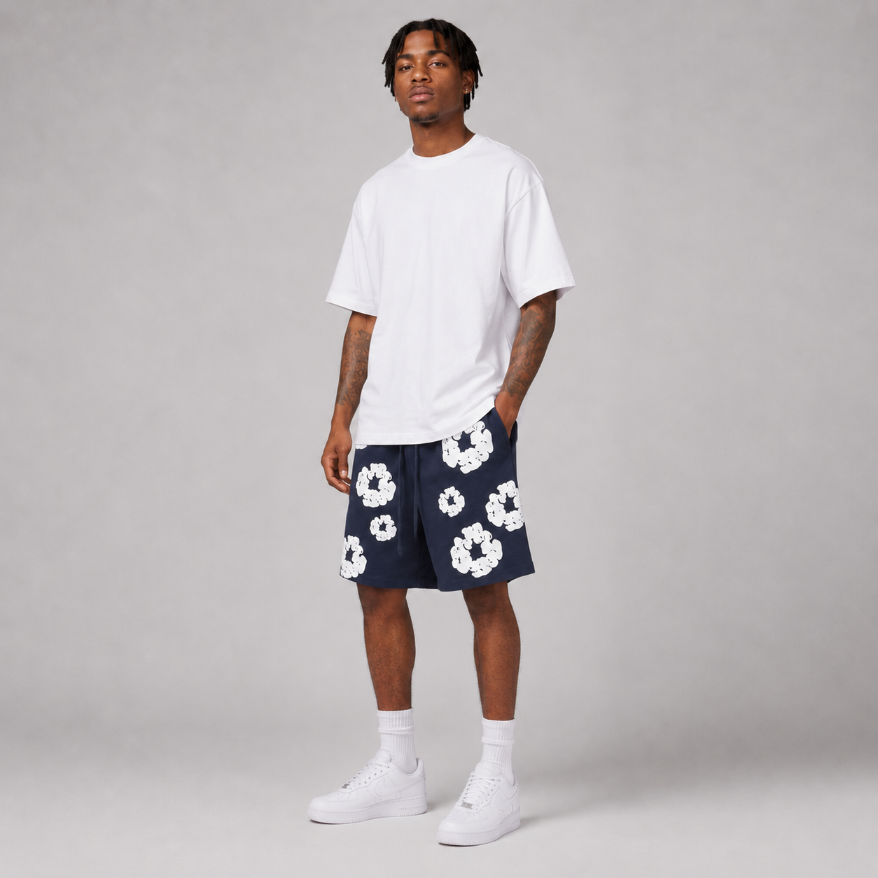 Navy White Puff Floral mesh shorts - side view