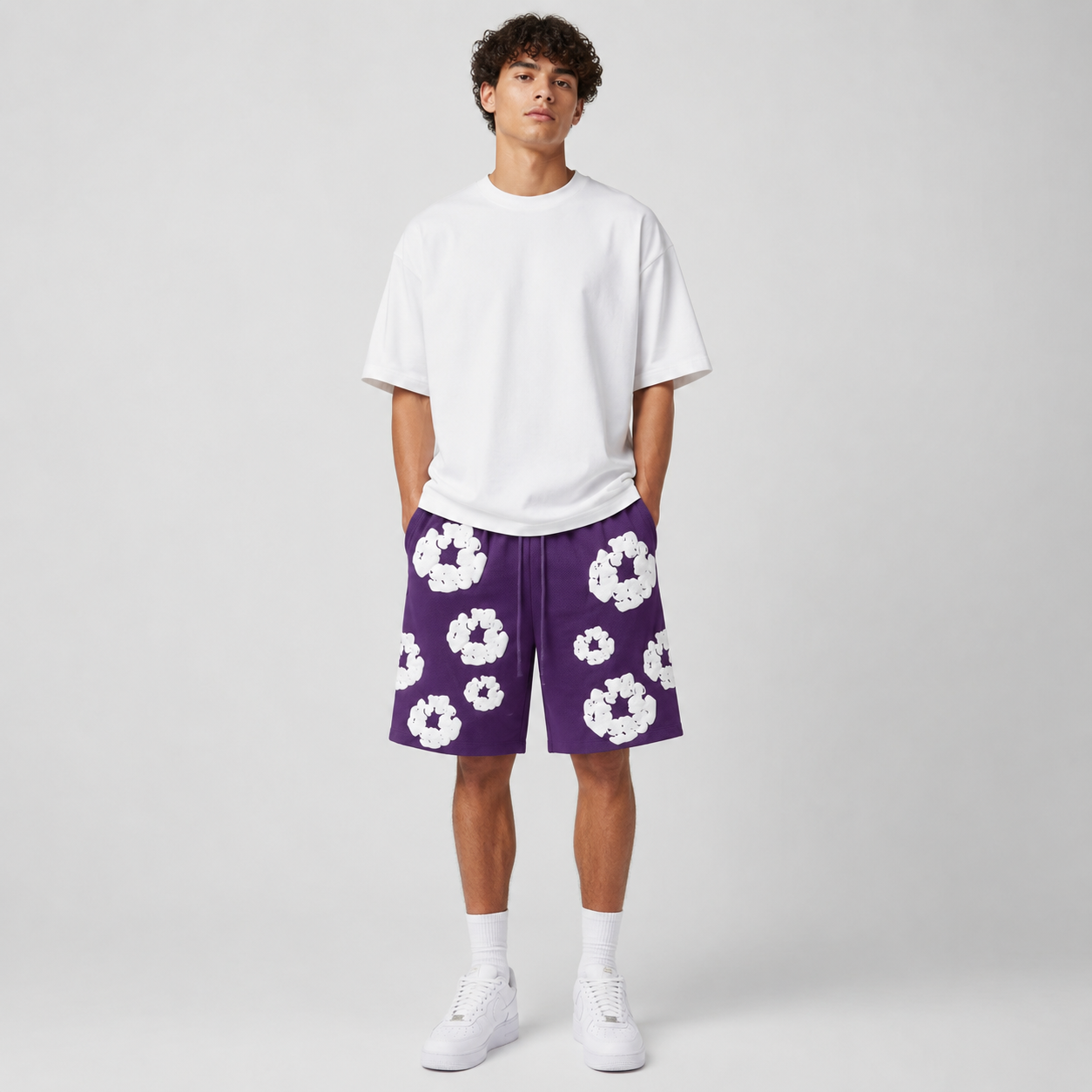 Purple White Floral mesh shorts - front view