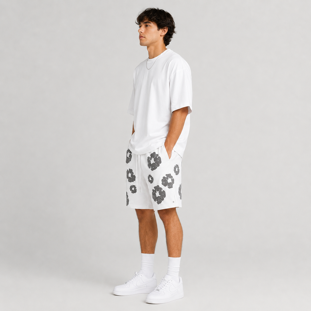 White Grey Puff Floral B mesh shorts - side view