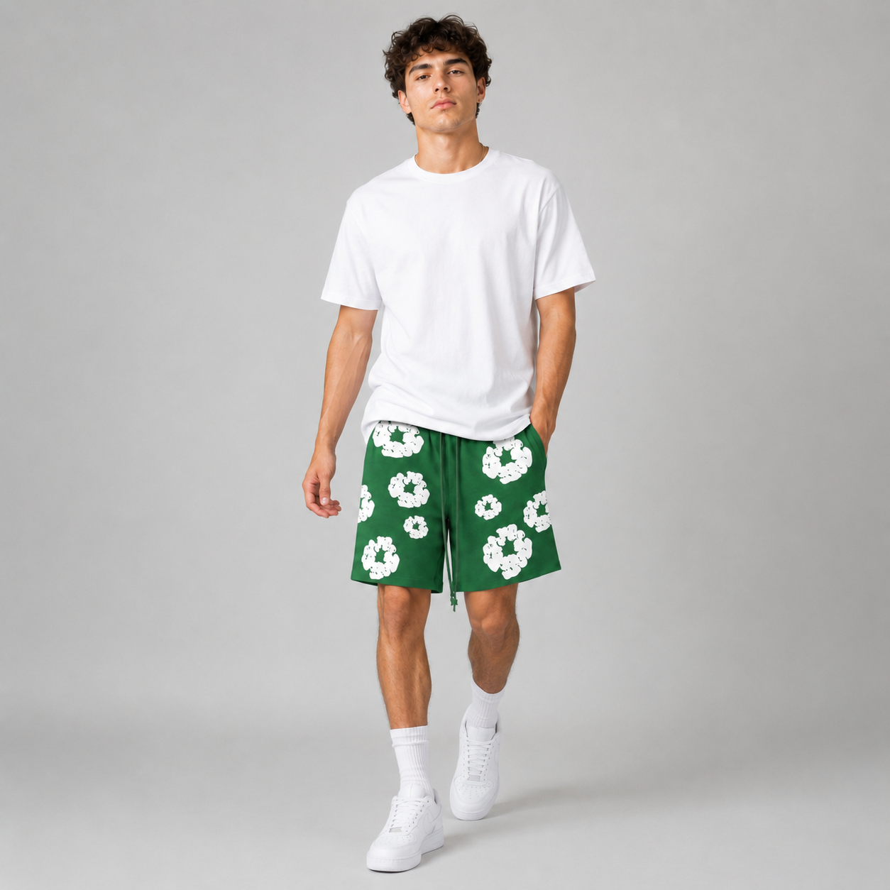 Forest Green White Floral mesh shorts - walking view
