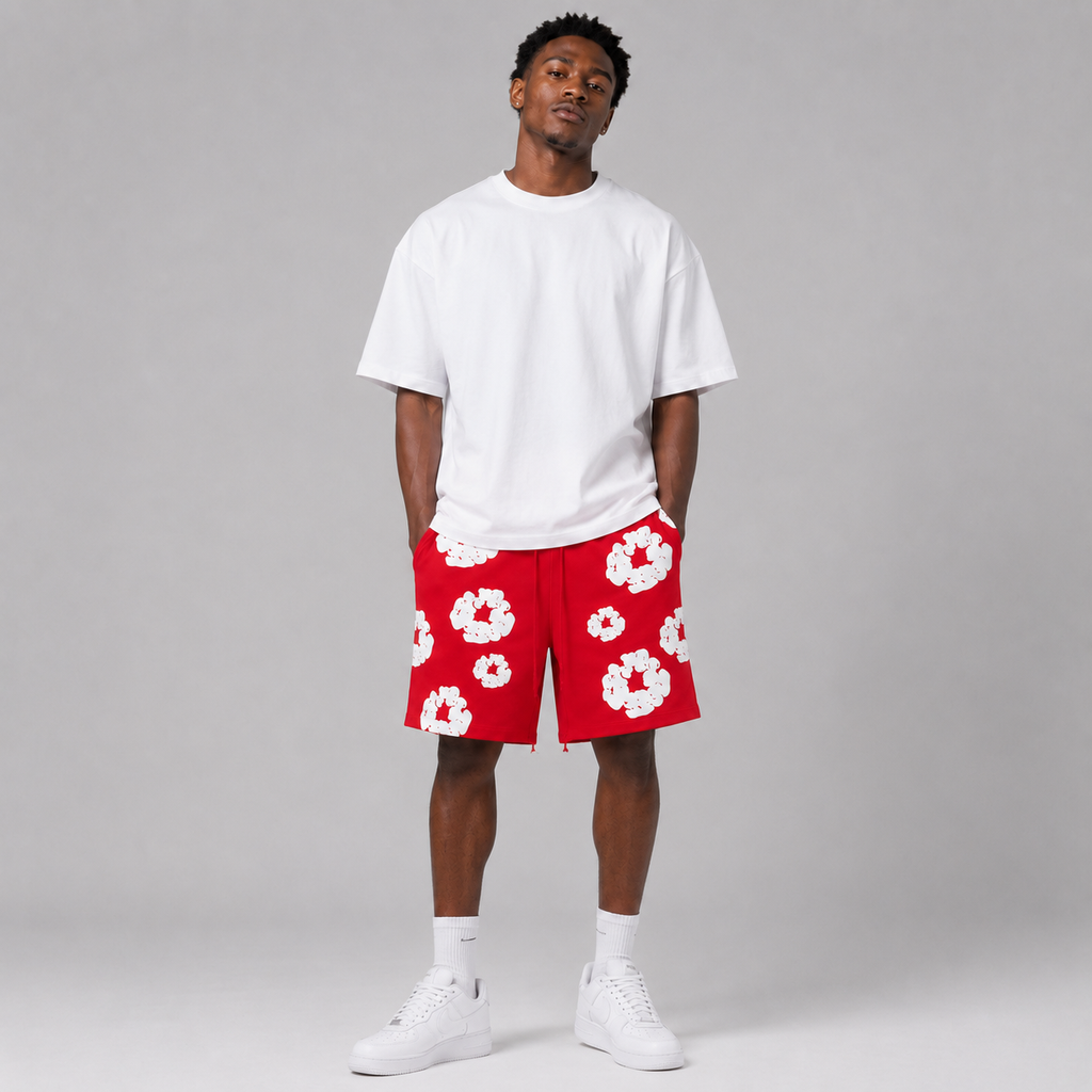 Red White Puff Floral mesh shorts - close-up view