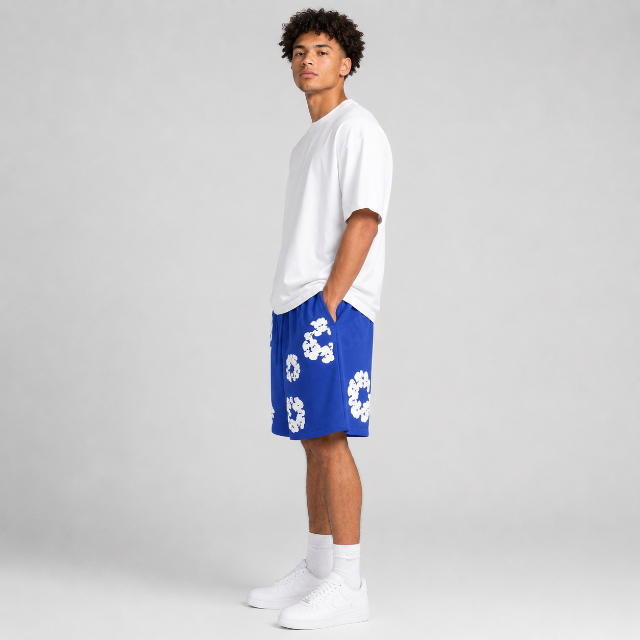 Sky Blue White Floral mesh shorts - side view