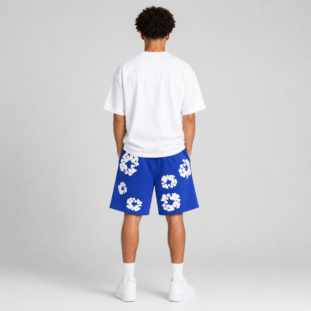 Sky Blue White Floral mesh shorts - back view