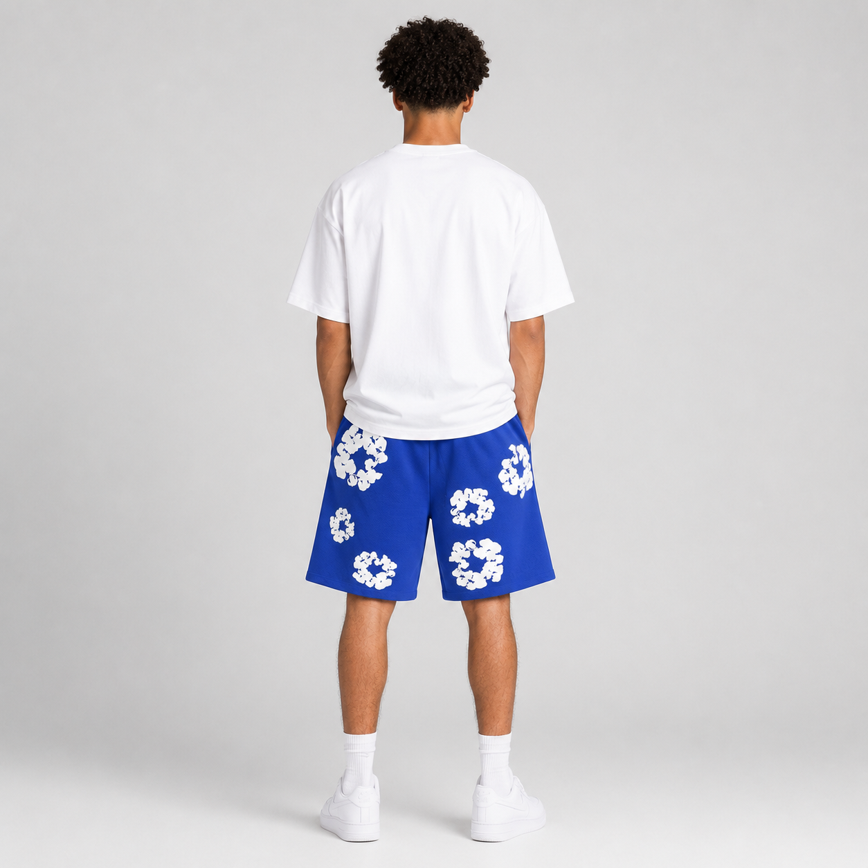 Sky Blue White Floral mesh shorts - back view