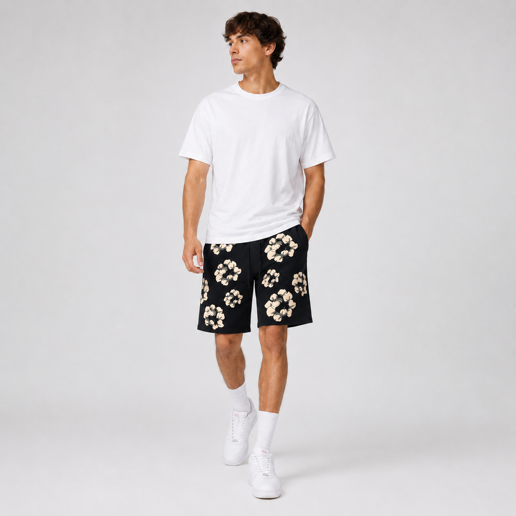 Black Cream Floral mesh shorts - walking view
