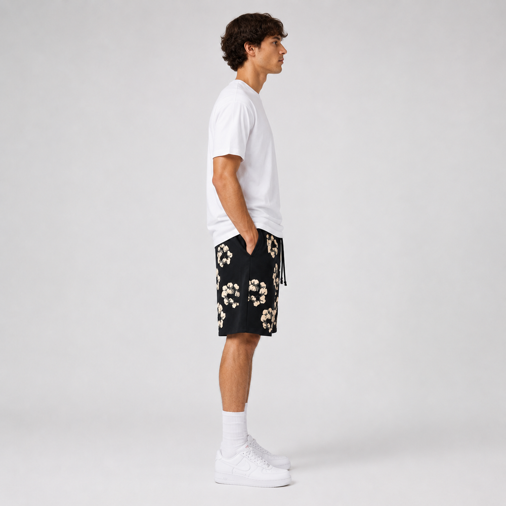 Black Cream Floral mesh shorts - side view