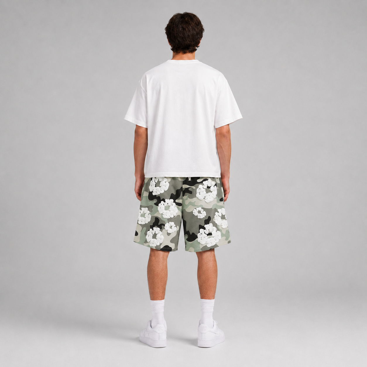 Grey Camo White Floral mesh shorts - back view