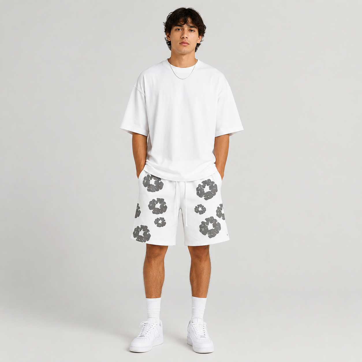 White Grey Puff Floral B mesh shorts - front view