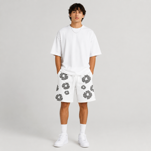 White Grey Puff Floral B mesh shorts - front view