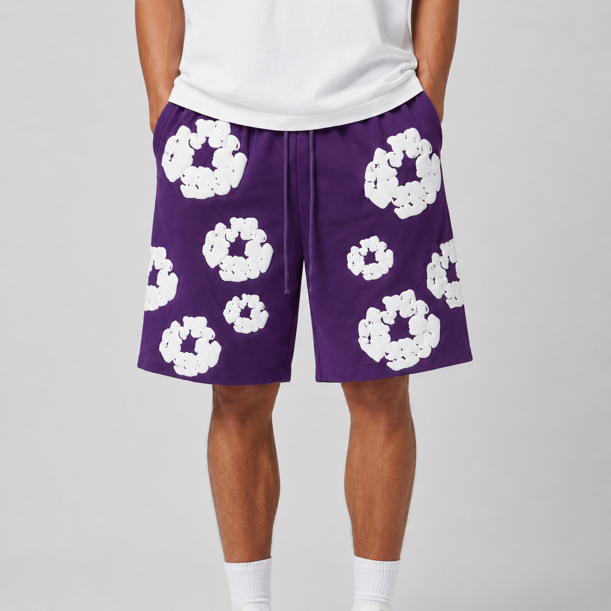 Purple White Floral mesh shorts - flat-lay view