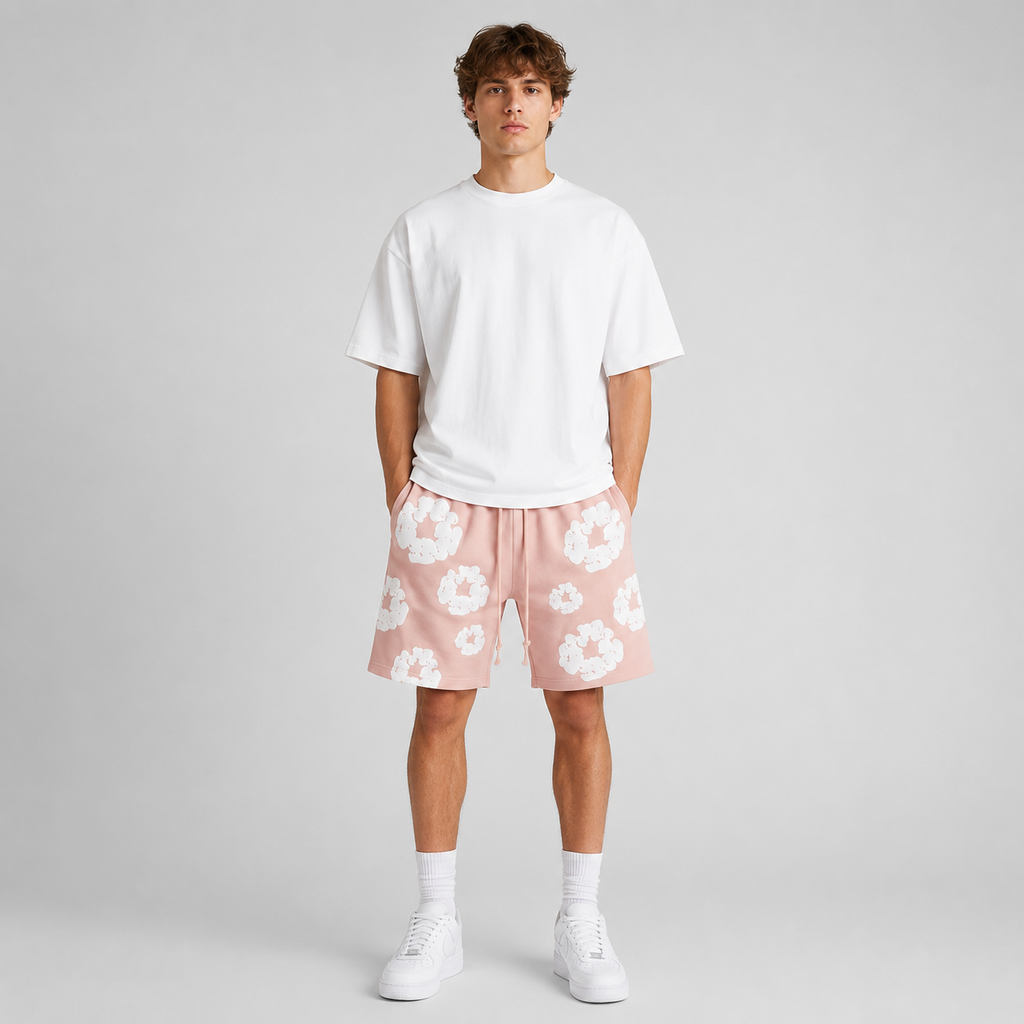 Peach Camo Black Floral mesh shorts - front view