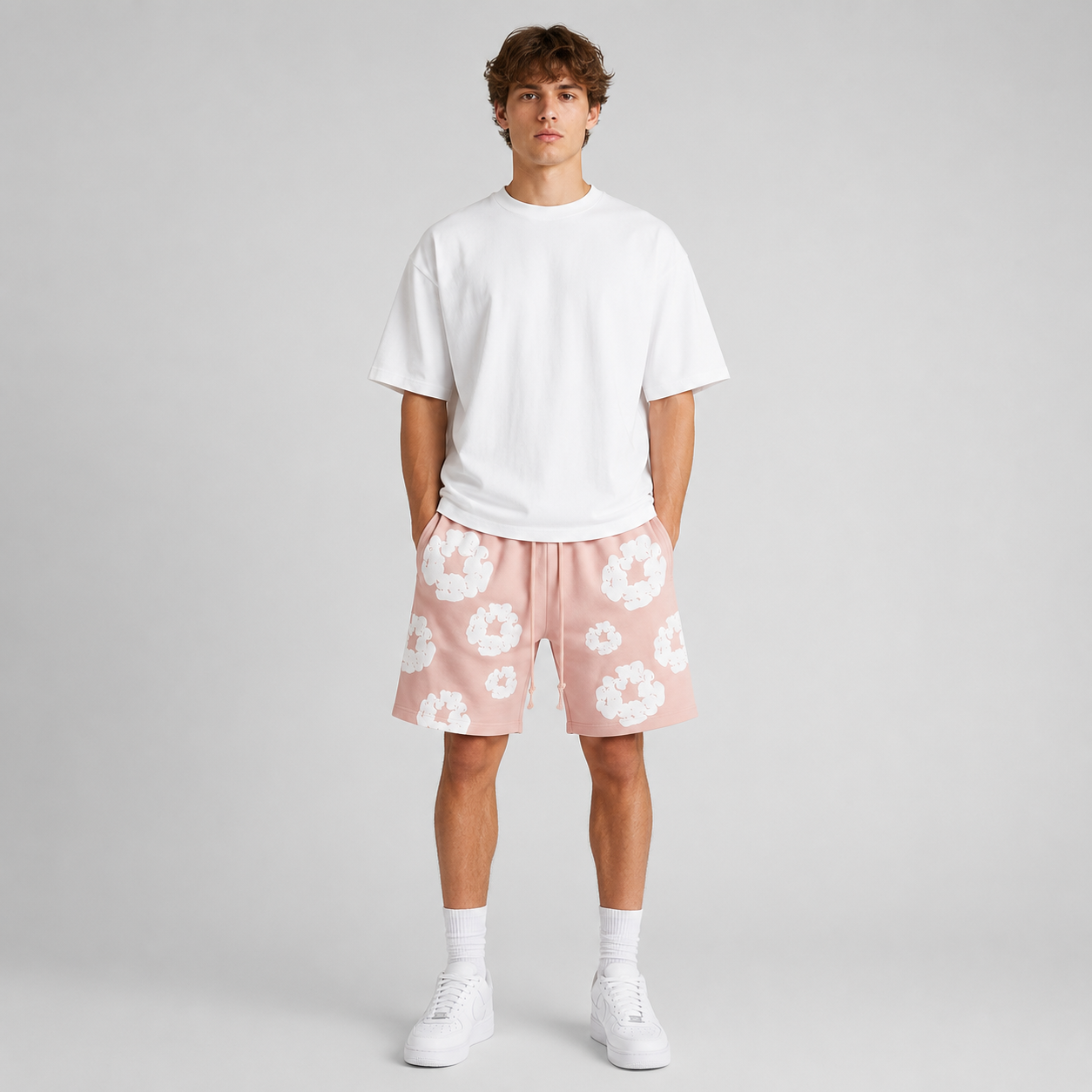 Peach Camo Black Floral mesh shorts - front view