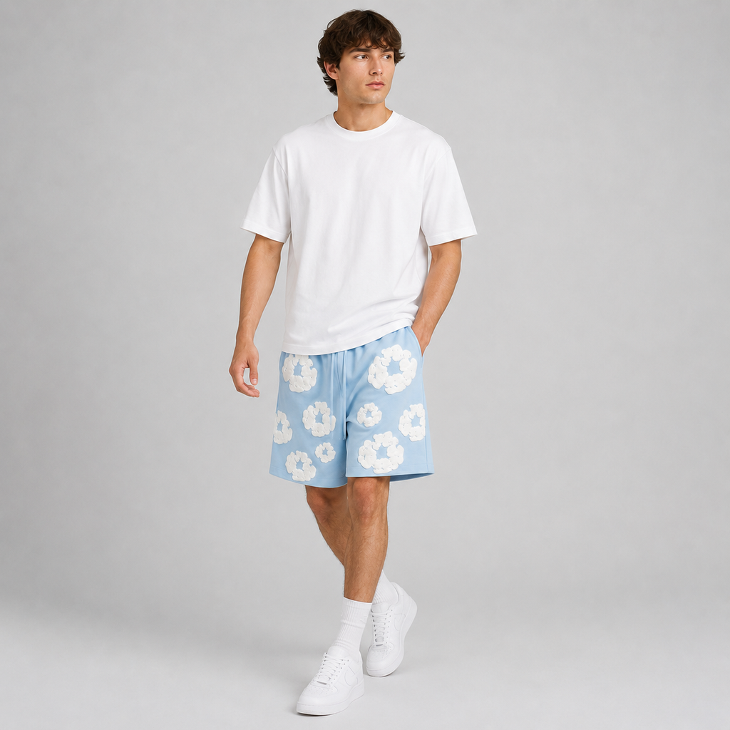 Royal Blue White Puff Floral mesh shorts - walking view