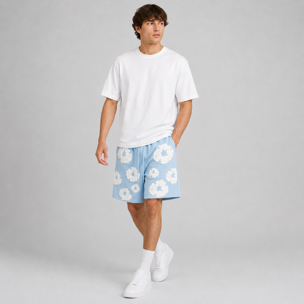 Royal Blue White Puff Floral mesh shorts - walking view