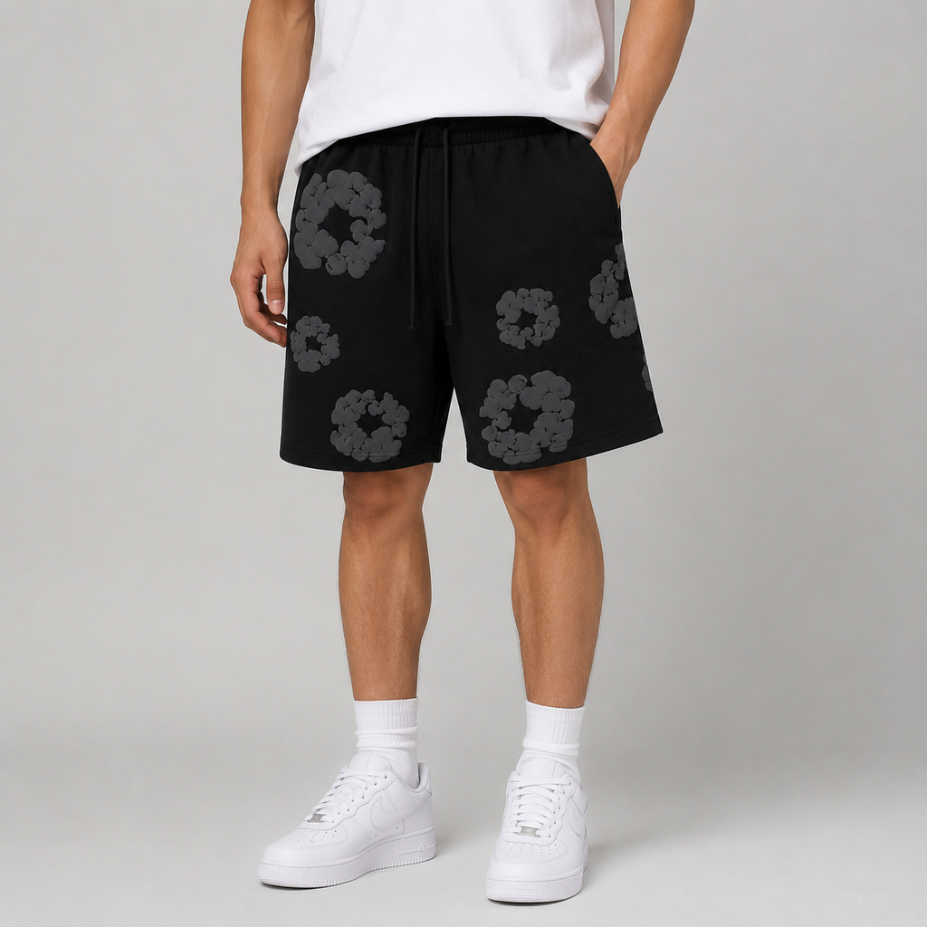 Black Grey Tonal Puff Floral men's mesh shorts - close-up view