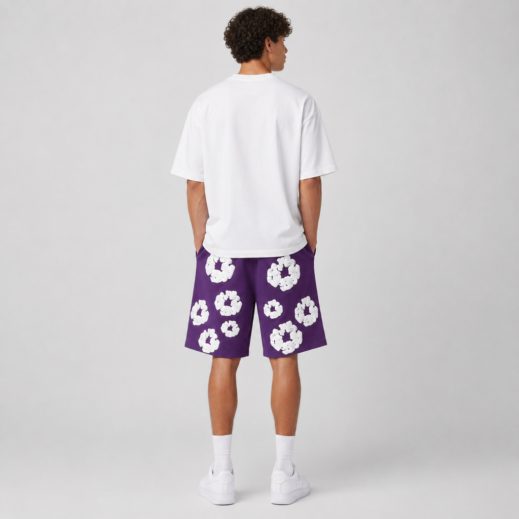 Purple White Floral mesh shorts - back view