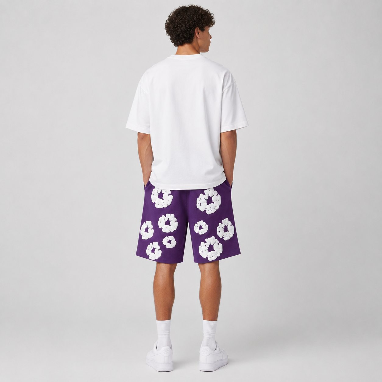 Purple White Floral mesh shorts - back view