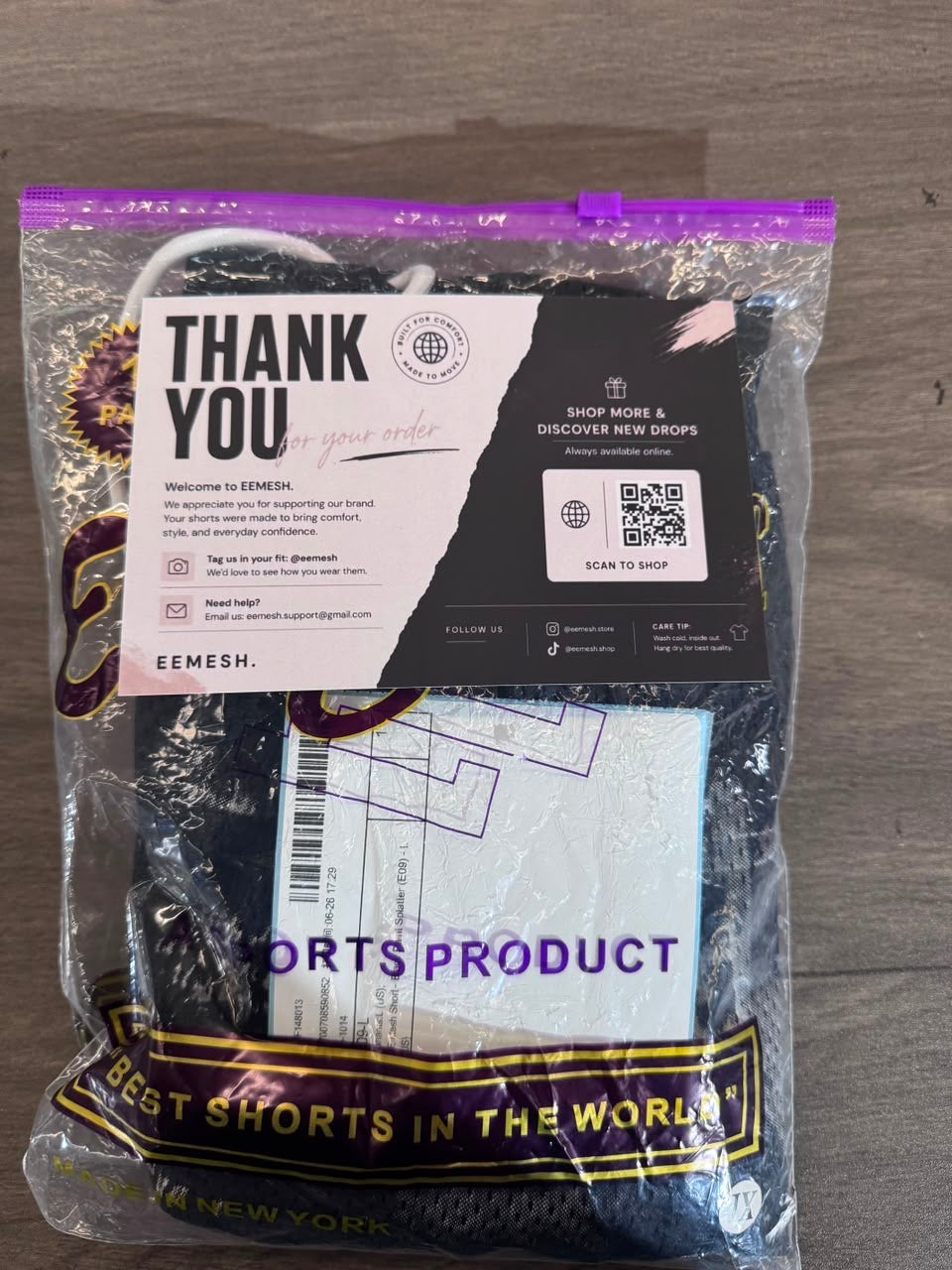 Real EEMESH shorts order packed with a thank-you card