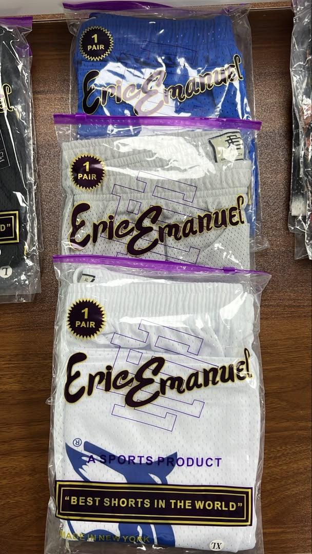 Blue and white EEMESH shorts orders packed for delivery