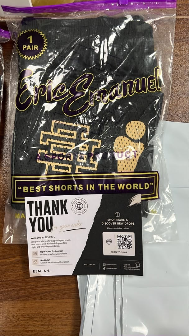 Black and brown EEMESH shorts packed with thank-you card