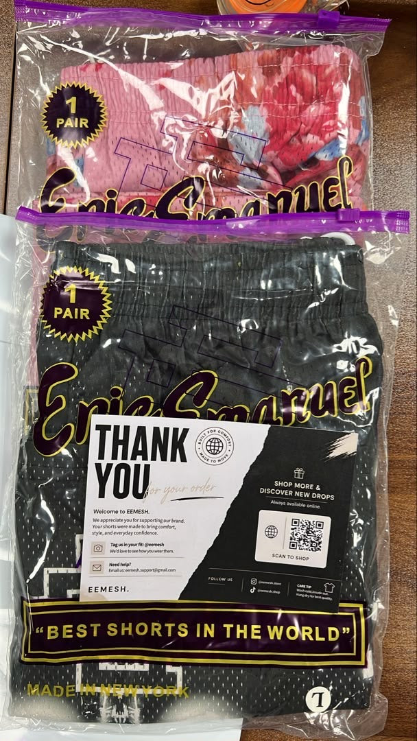 Two colorful EEMESH shorts orders ready to ship