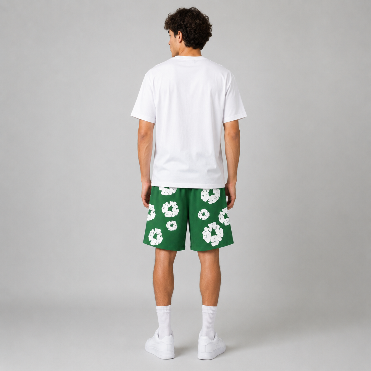Forest Green White Floral mesh shorts - flat-lay view