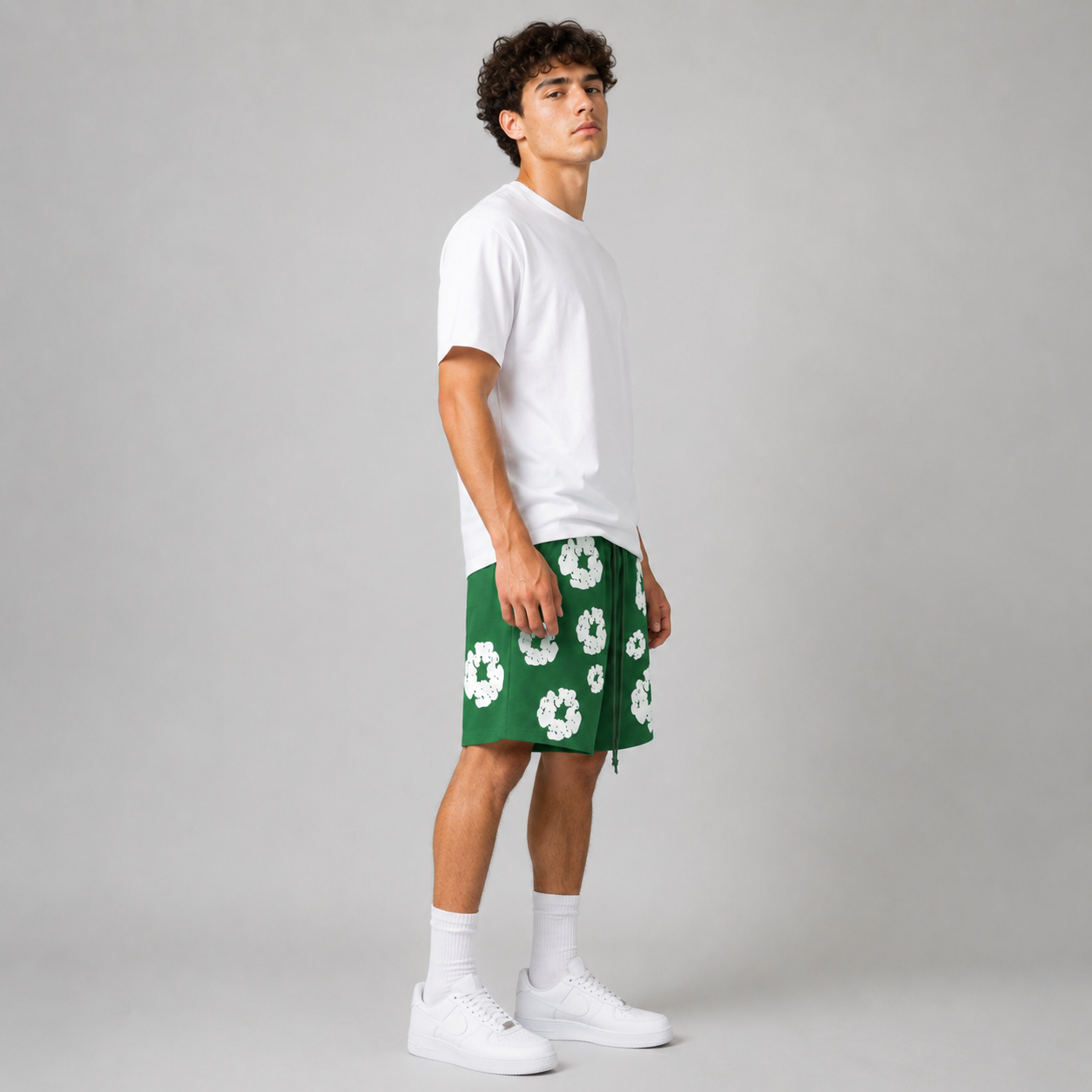 Forest Green White Floral mesh shorts - back view