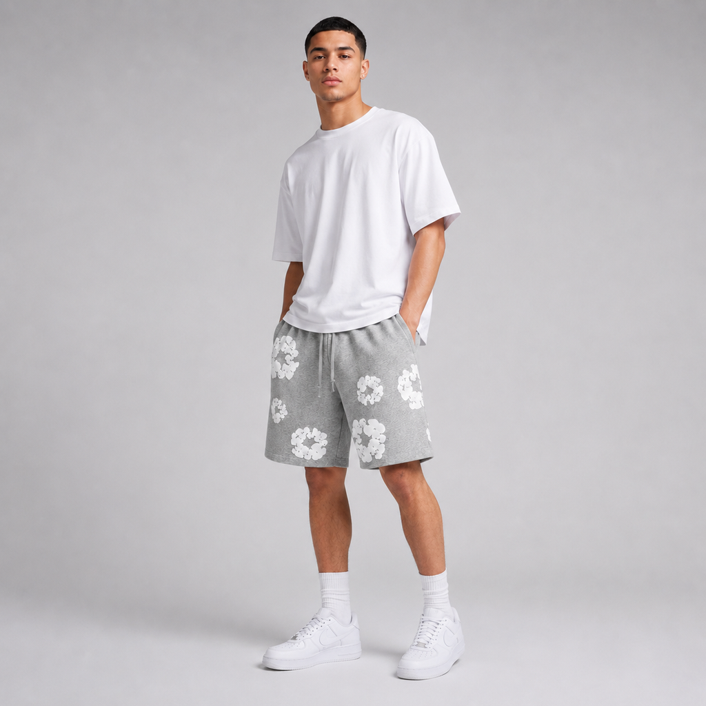 Heather Grey White Puff Floral men's mesh shorts - flat-lay view