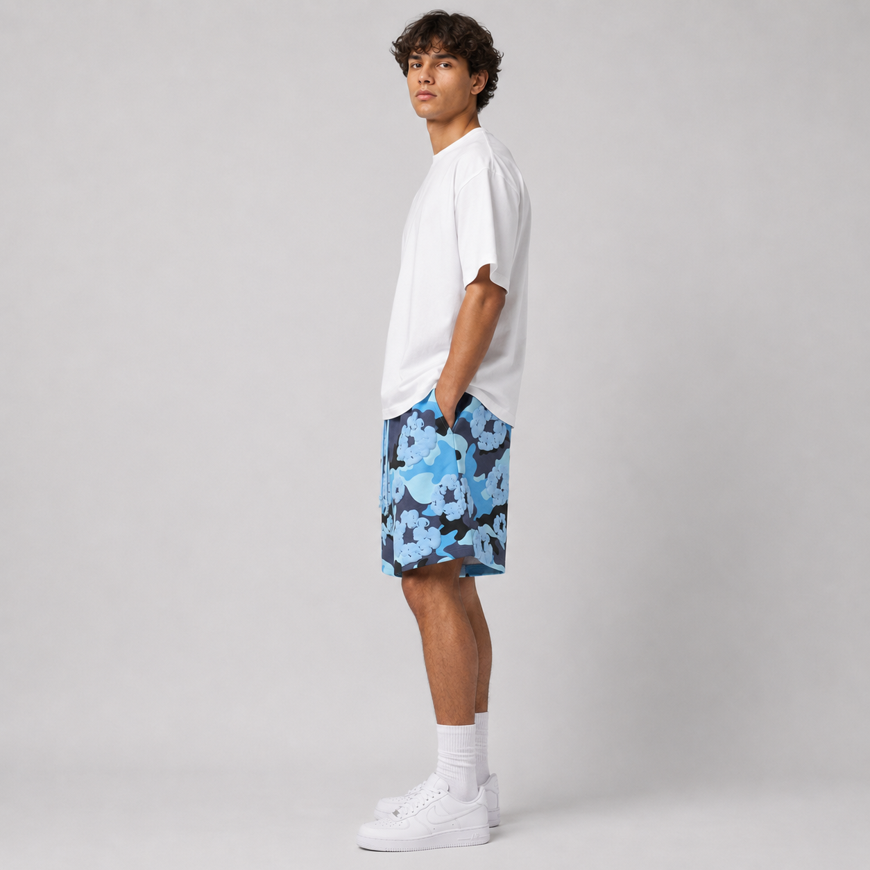 Blue Camo Black Floral mesh shorts - side view