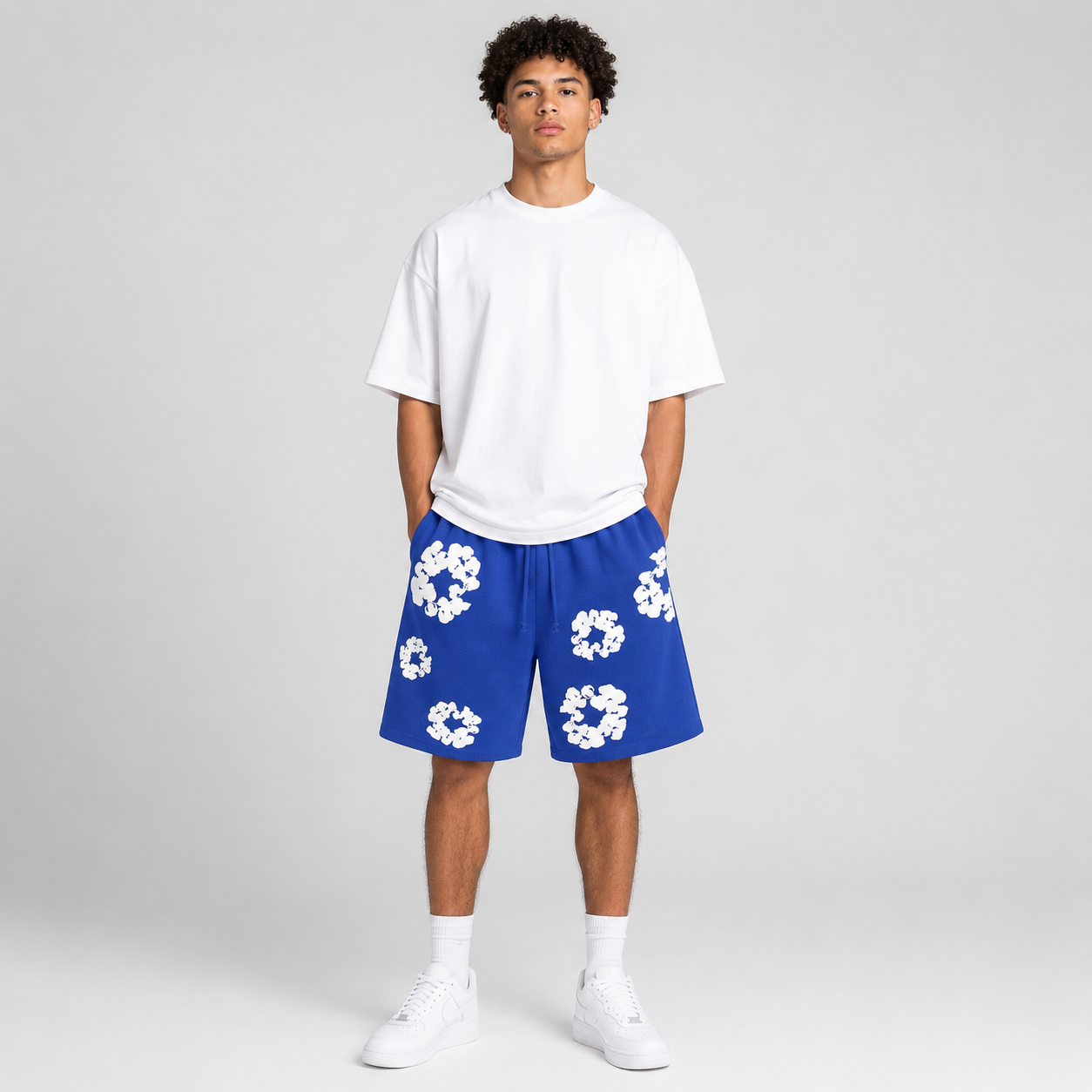 Sky Blue White Floral mesh shorts - front view