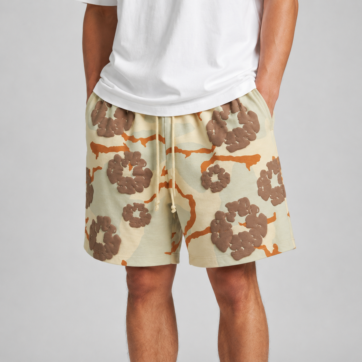 Tan Brown Camo Graphic mesh shorts - flat-lay view