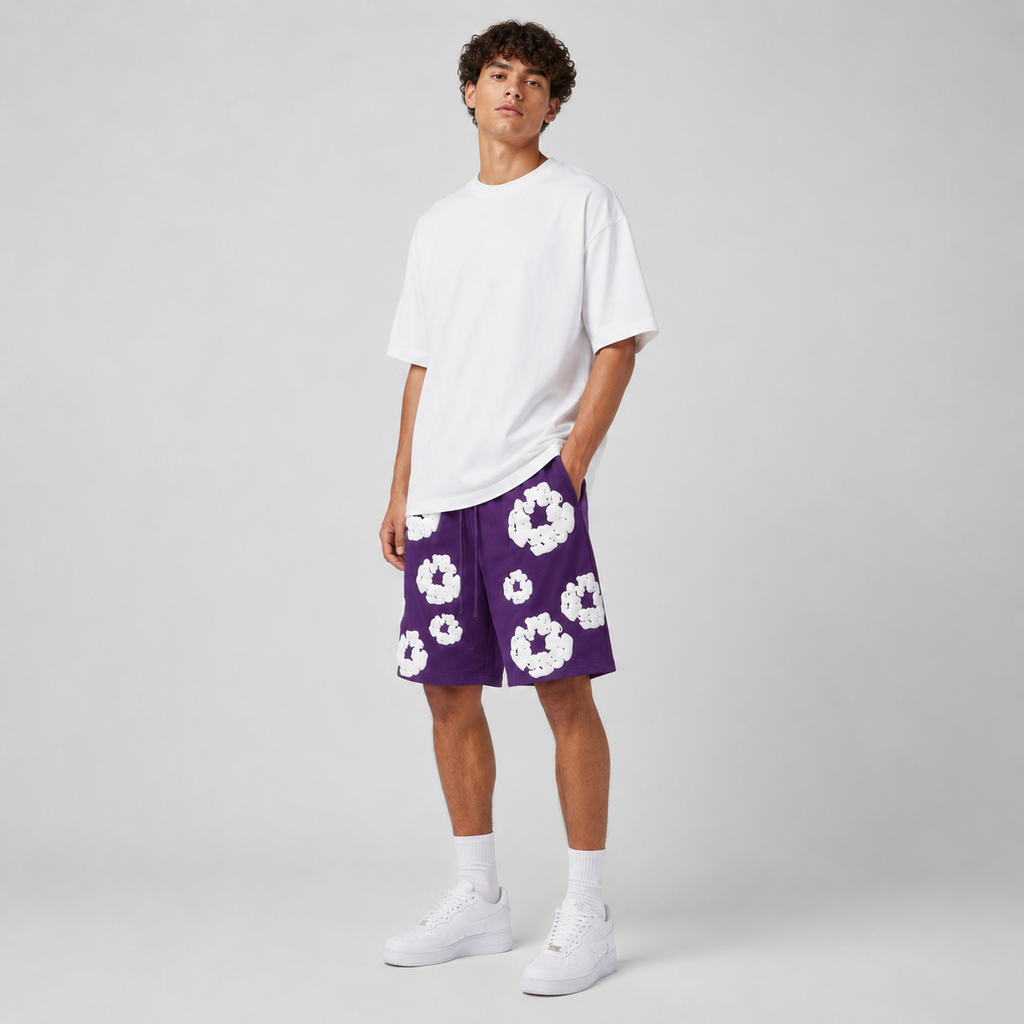 Purple White Floral mesh shorts - close-up view