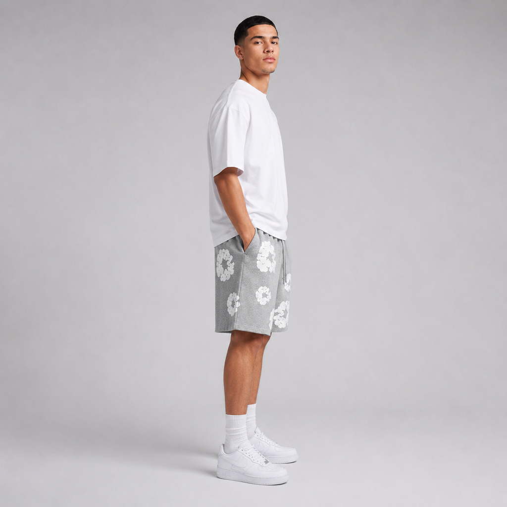 Heather Grey White Puff Floral men's mesh shorts - side view