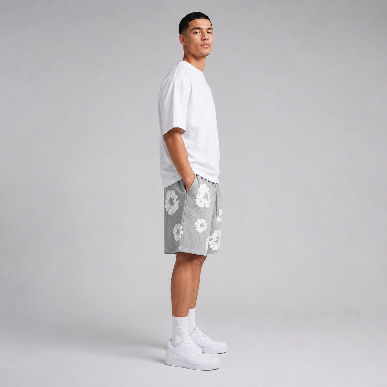 Heather Grey White Puff Floral men's mesh shorts - side view