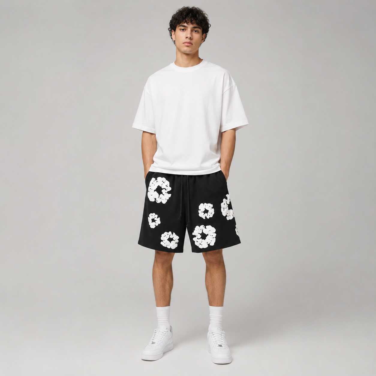 Black White Puff Floral mesh shorts - front view